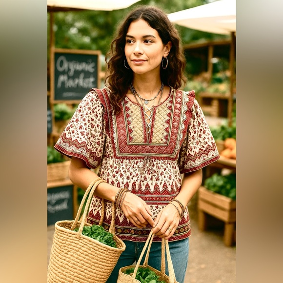 NWT,Calypso St Barth,Quilted Bib-Front Boho Folk Print Cotton Blouse,Size M - Picture 3 of 15